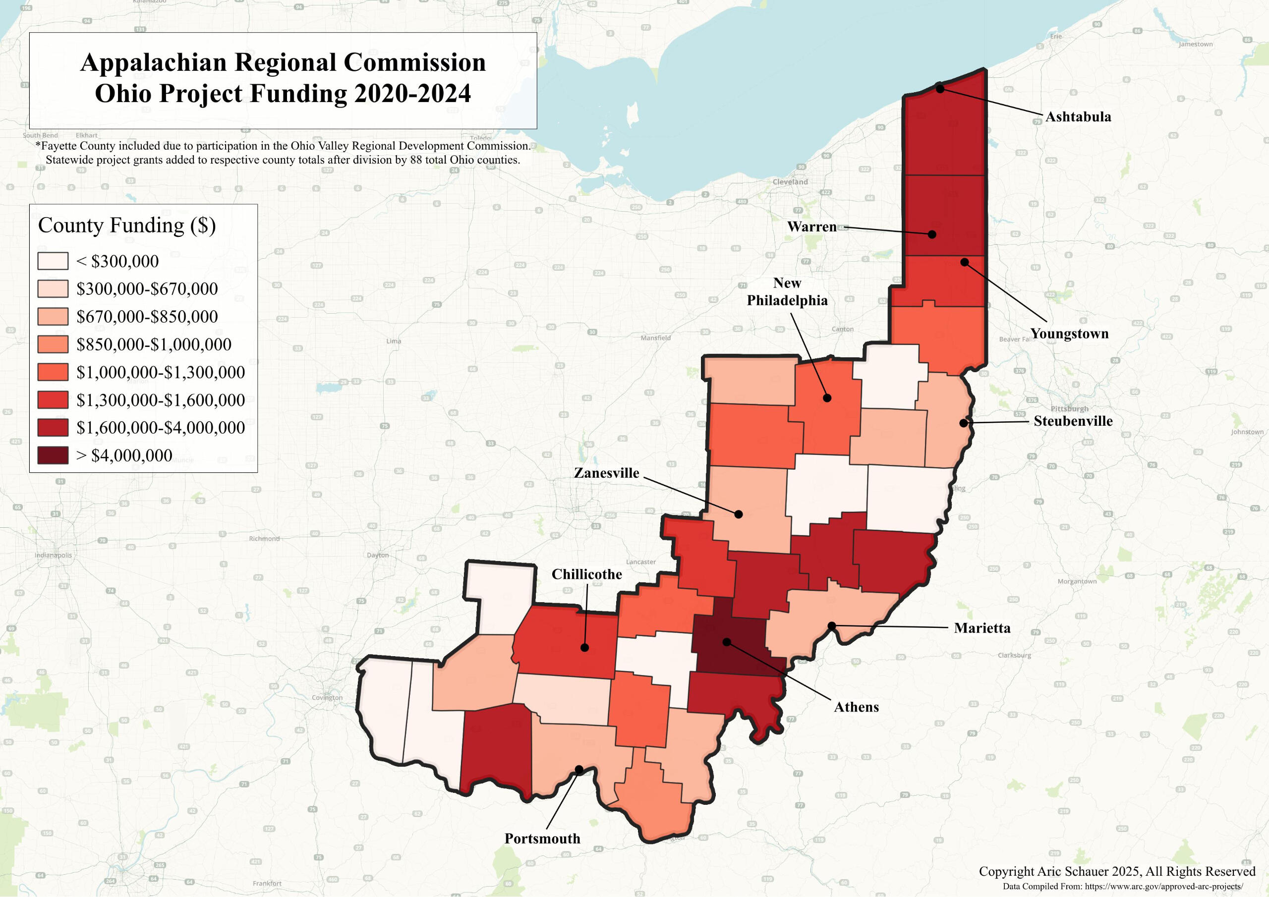 Since it&#39;s foundation in 1965, the Appalachian Regional Commission has funded hundreds of projects across Appalachian Ohio, supporting economic development in underserved communities. This map shows ARC project funding by county from 2020-2024.