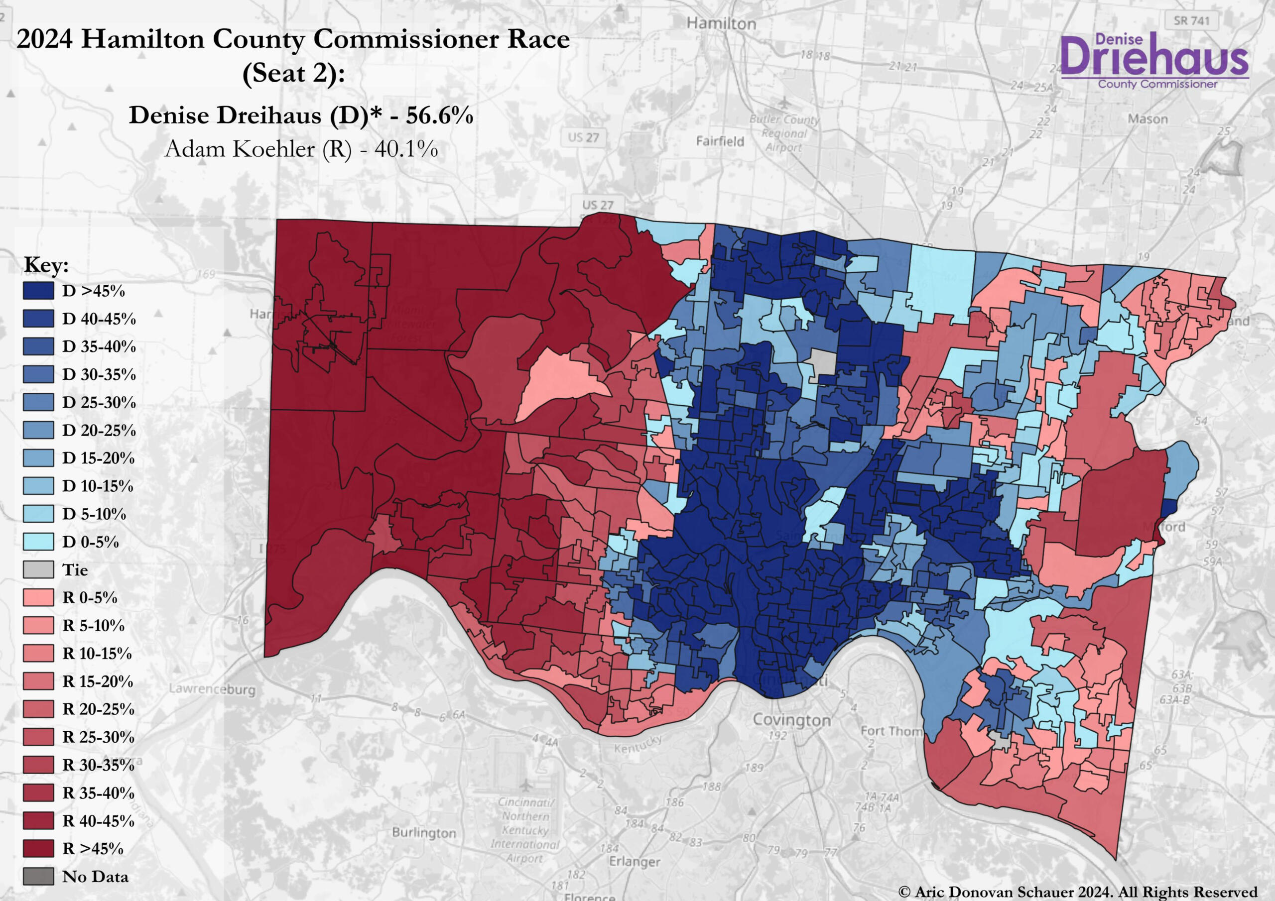 In 2024, Denise Dreihaus defeated Republican Adam Koehler by nearly 17 points in the Hamilton County Commission race. Dreihaus was the best-performing Democrat countywide in this once-red county.