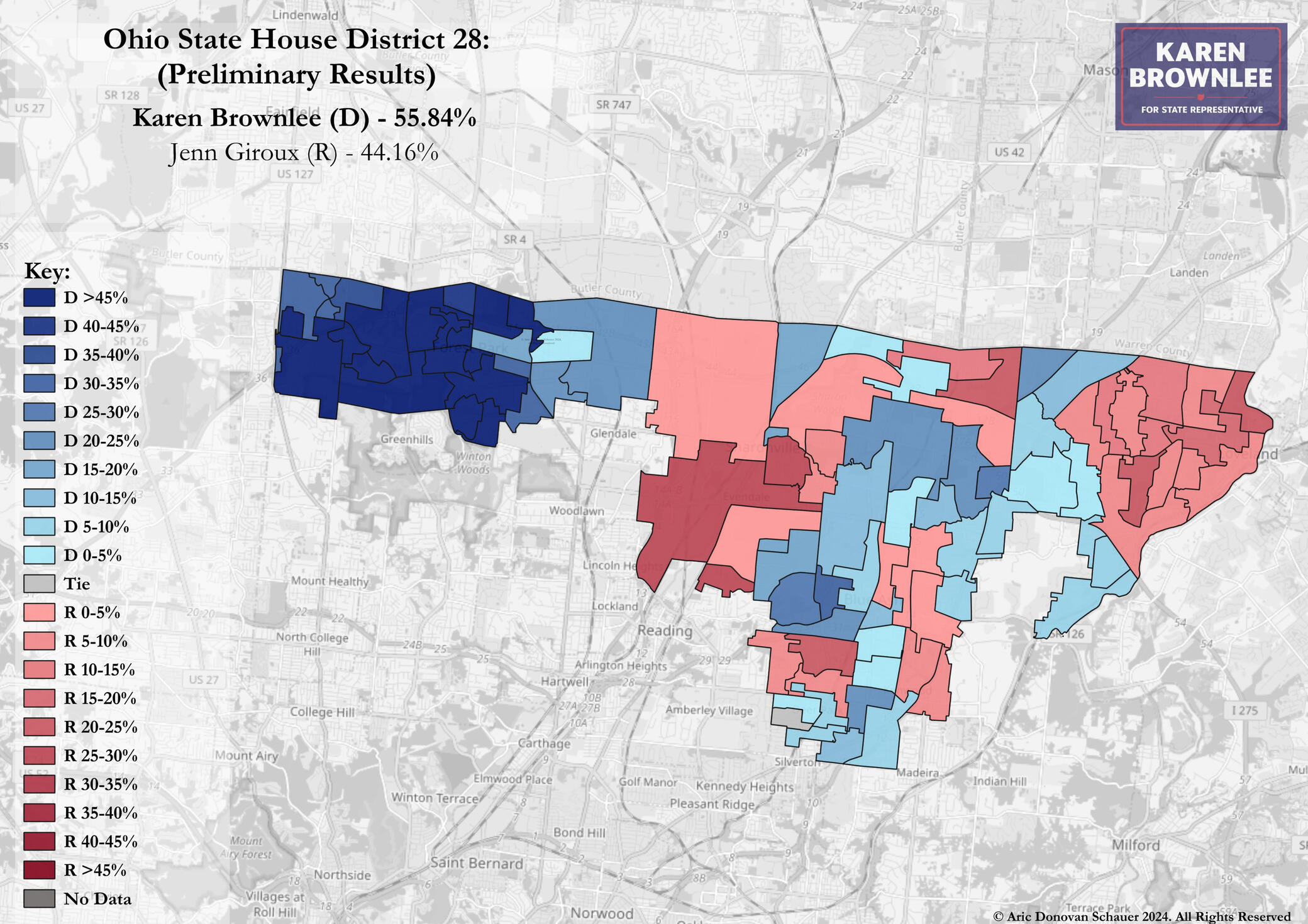 In 2024, social worker Karen Brownlee became the third Democrat to represent Ohio's HD 28 in under a year's time. This left-trending suburban district was first flipped by Jessica Miranda in 2018, who held the seat until her resignation in 2024.