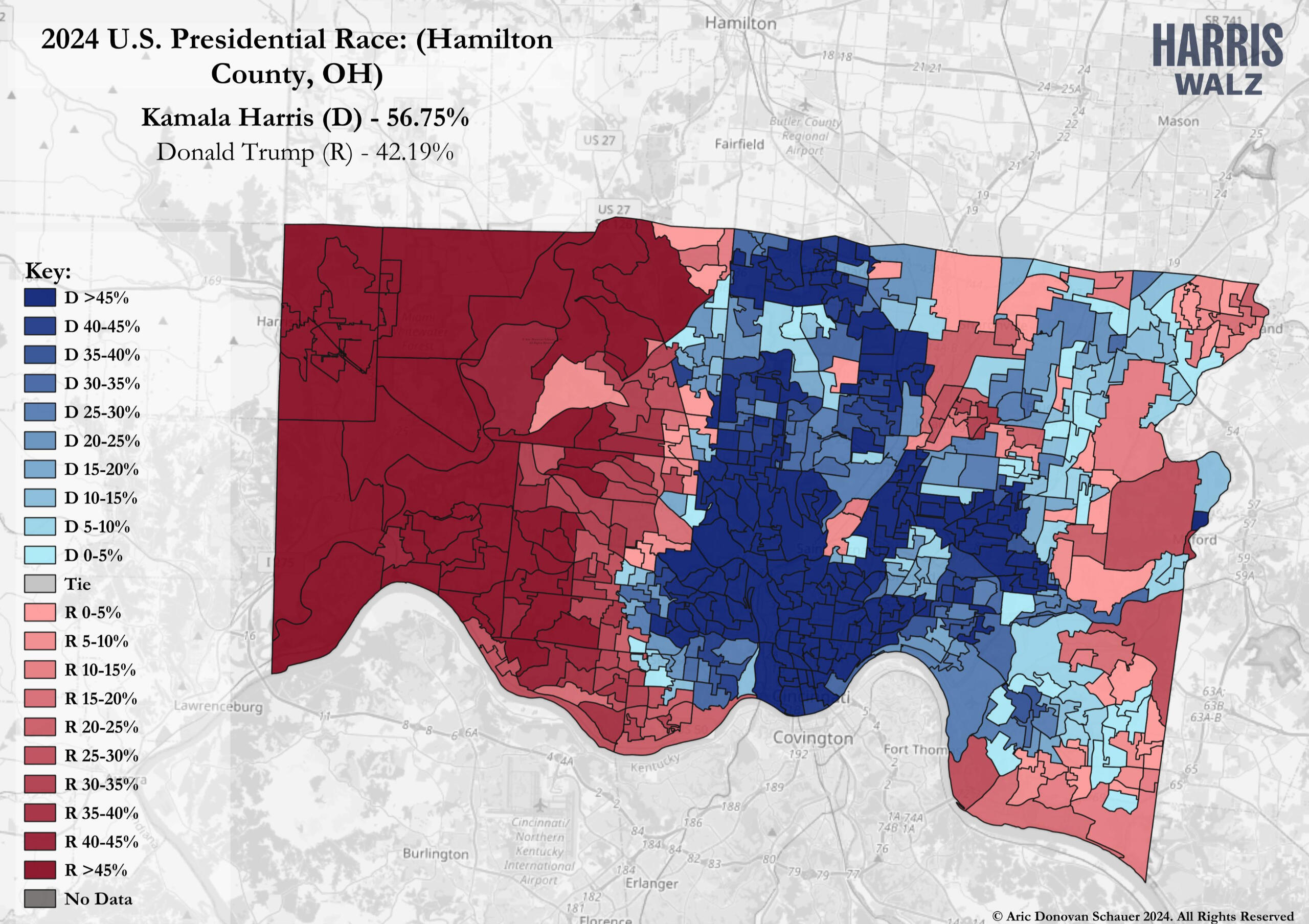In 2024, Kamala Harris defeated Donald Trump in Ohio&#39;s Hamilton County with 57% of the vote. Though Trump improved three points statewide from 2020, he gained just one here. This suburban, left-trending county continues to resist broader GOP gains in Ohio.